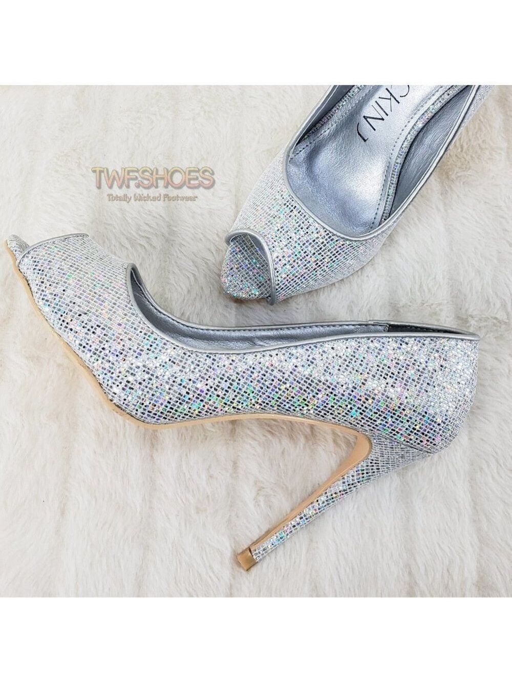 Super Sparkle Silver Open Toe Glitter Pumps High Heels shoes